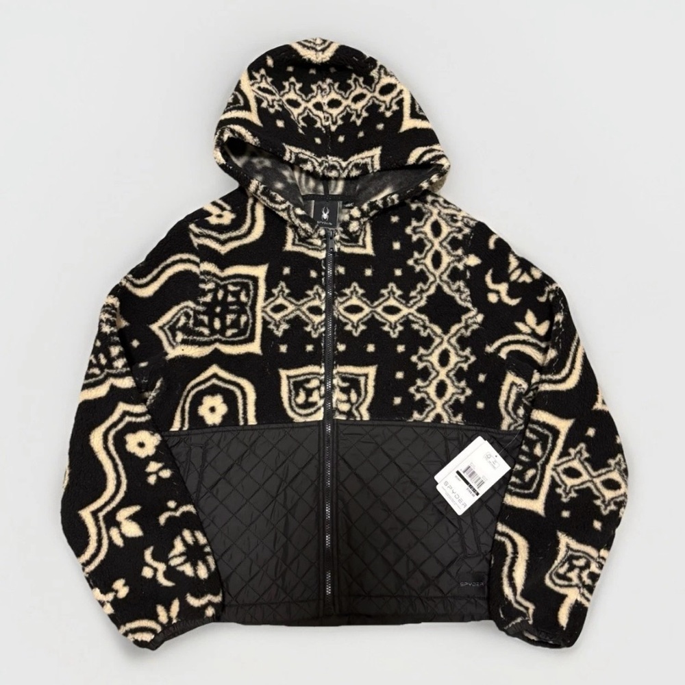 NWT Spyder Full Zip Quilted Fleece Hooded Jacket Women's Large Aztec Black